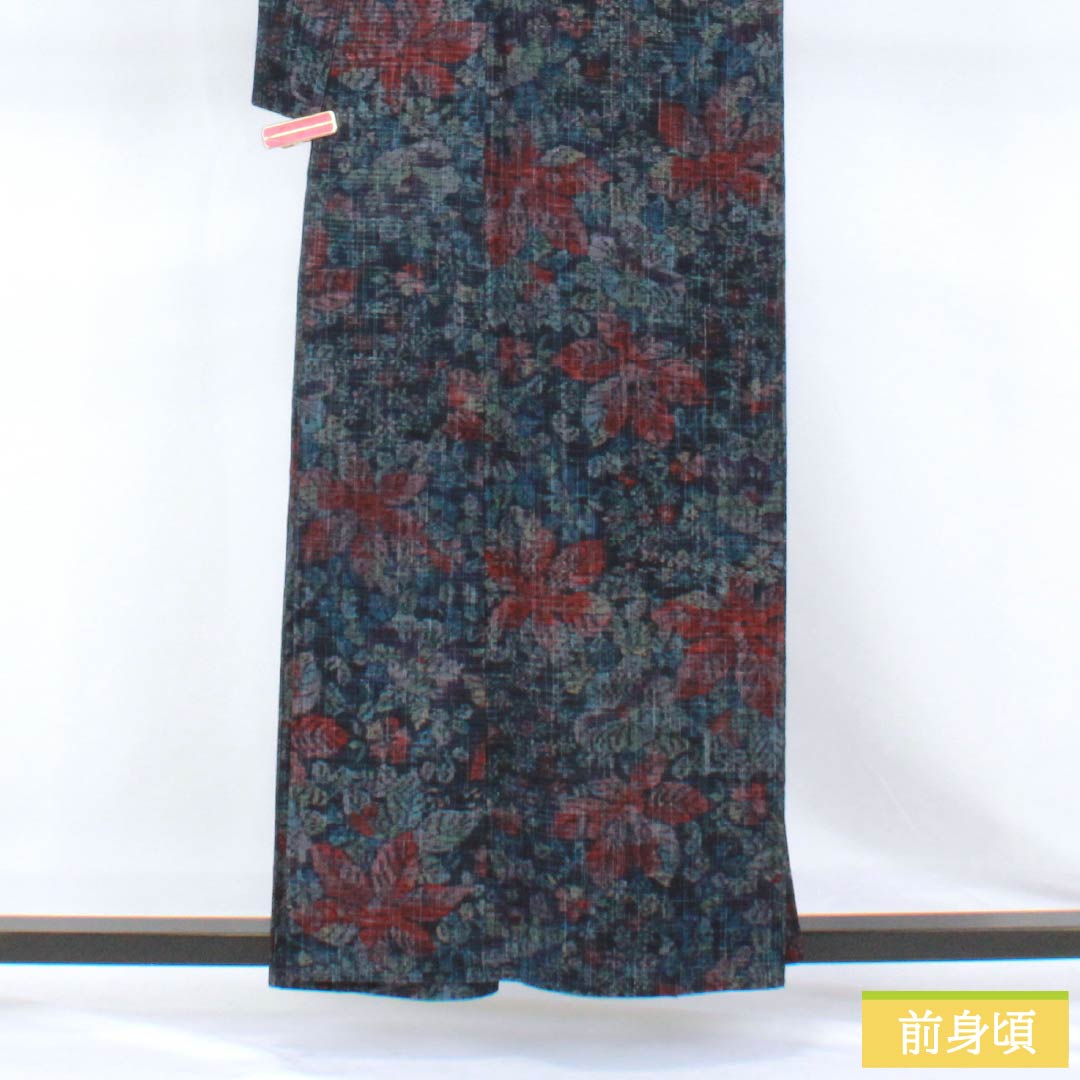 Tsumugi Silk S Rank Length 159.5cm Sleeve Length 66cm Dark Blue Floral Pattern Unlined Navy 1116005152318