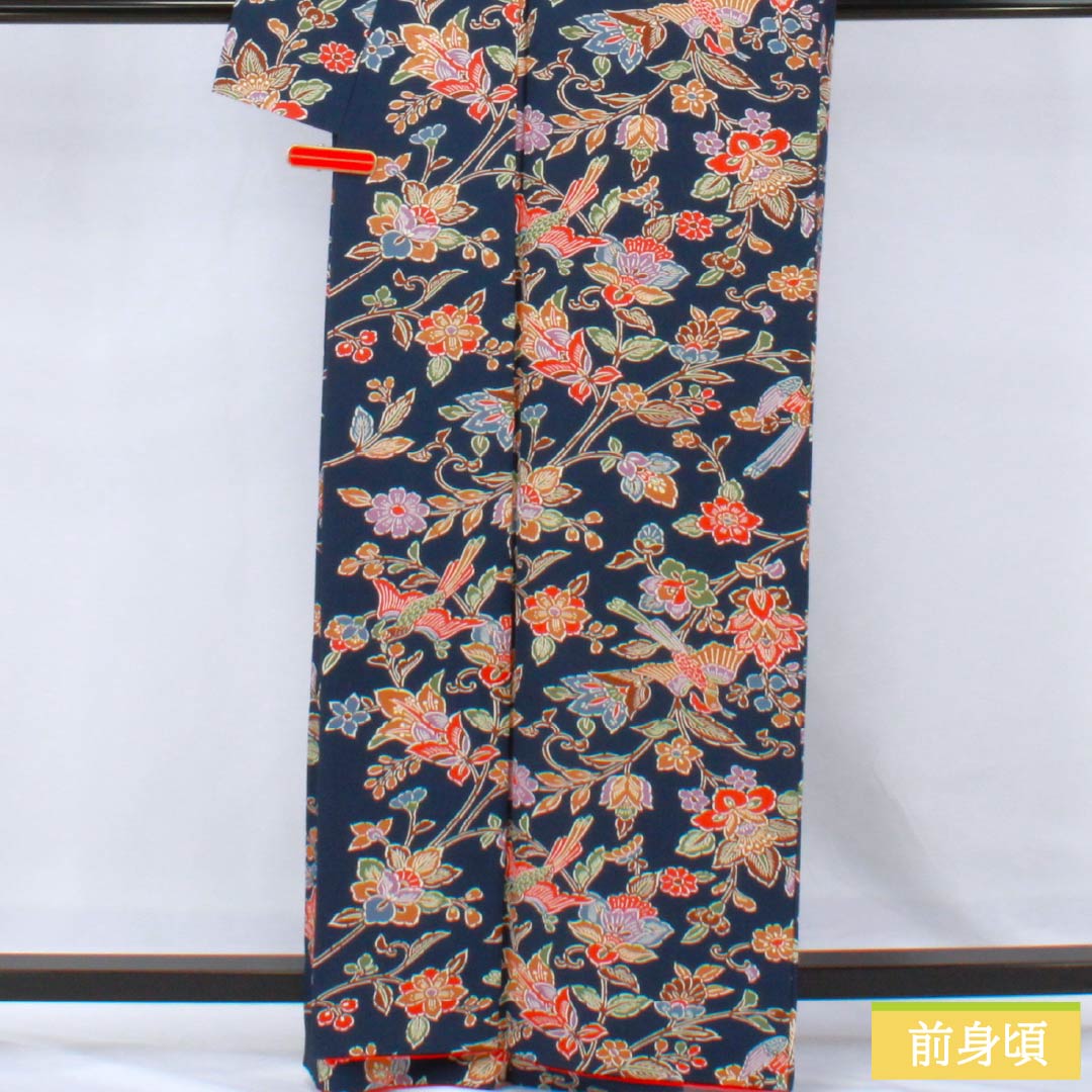 小紋 正絹 Sランク 身丈163cm 裄丈67cm 袷 紺色(こんいろ) 京紅型 草花 鳥 紺系 1115007092418