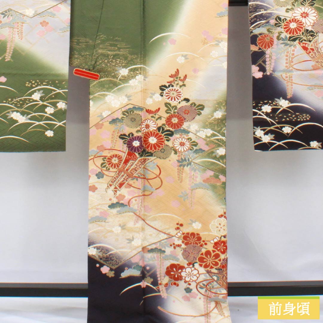 振袖 正絹 Aランク 身丈170.5cm 裄丈68.5cm 袷 山鳩色(やまばといろ) 京友禅 吉祥文様 梅 松 緑系 1113002173619