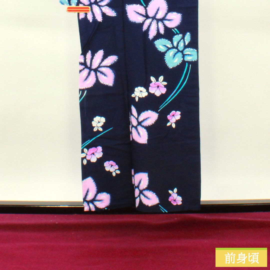 Yukata Cotton Length 156cm Sleeve length 64.5cm S rank Single layer Navy Deep navy Iris Camellia 1118005182318
