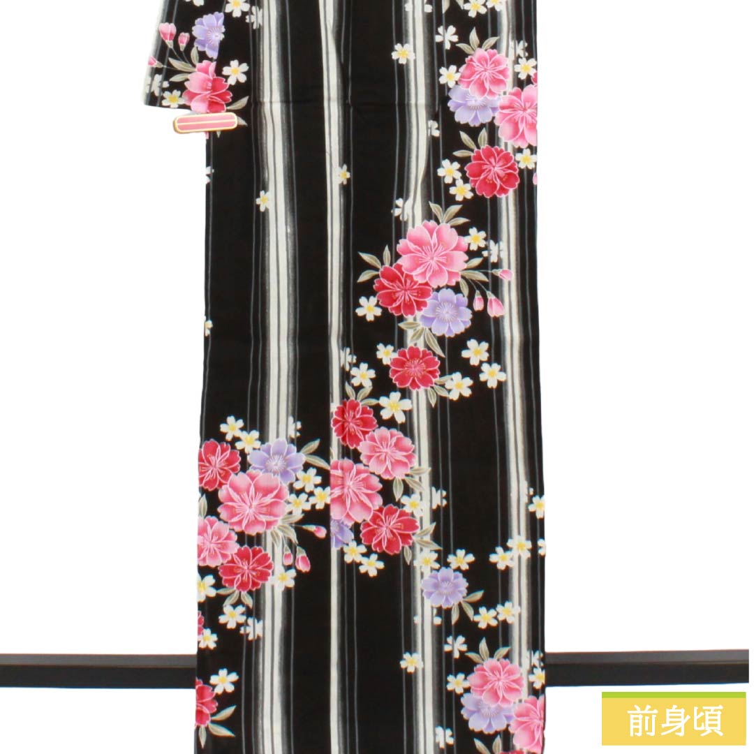 浴衣 木綿 Sランク 身丈167cm 裄丈65cm 黒色 縞 洋花 型染 単衣 黒系 1118006852510