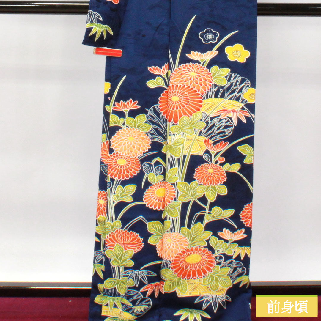 Homongi, pure silk, lined, length 168cm, sleeve length 63.5cm, deep bellflower color, Kyoto Yuzen, chrysanthemum, plum, A rank, navy blue, 1112003393518