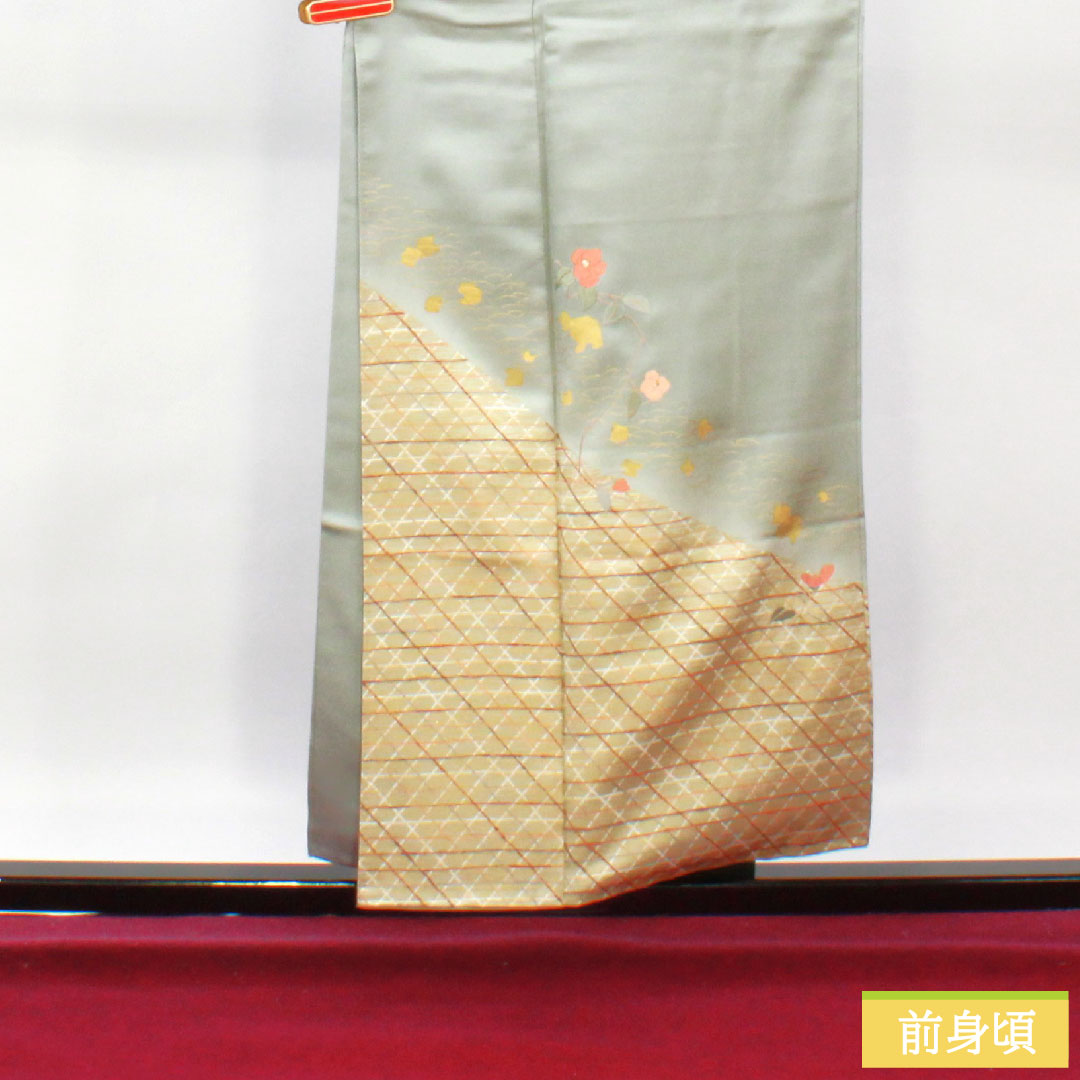 Homongi, pure silk, lined, length 154cm, sleeve length 65cm, Kyoto Yuzen, embroidery, A rank, green, 1112004123219