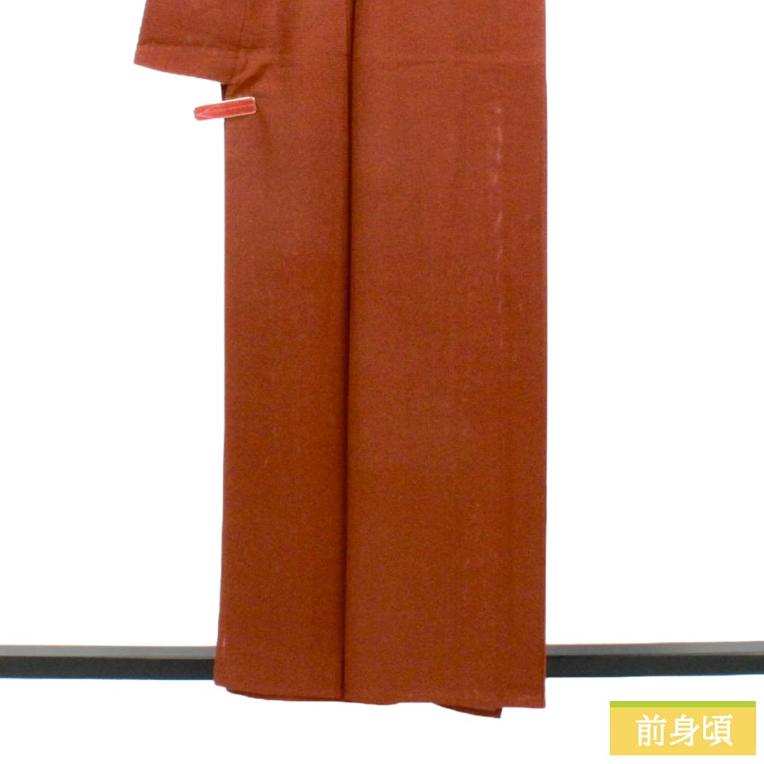 夏物 正絹 色無地 Sランク 身丈158cm 裄丈65cm 赤褐色(せきかっしょく) 丸に剣片喰 一つ紋 絽 茶系 1132003642314