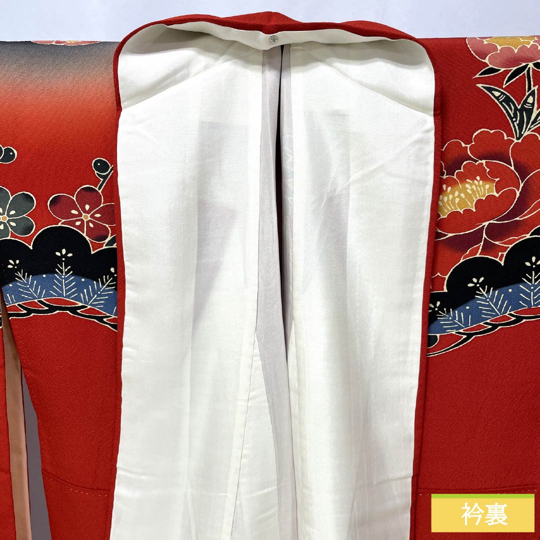 振袖 正絹 Sランク 身丈161.5cm 裄丈67.5cm 袷 赤色(あかいろ) 京紅型 吉祥文様 松竹梅 蝶 鼓 赤系 1113002722412