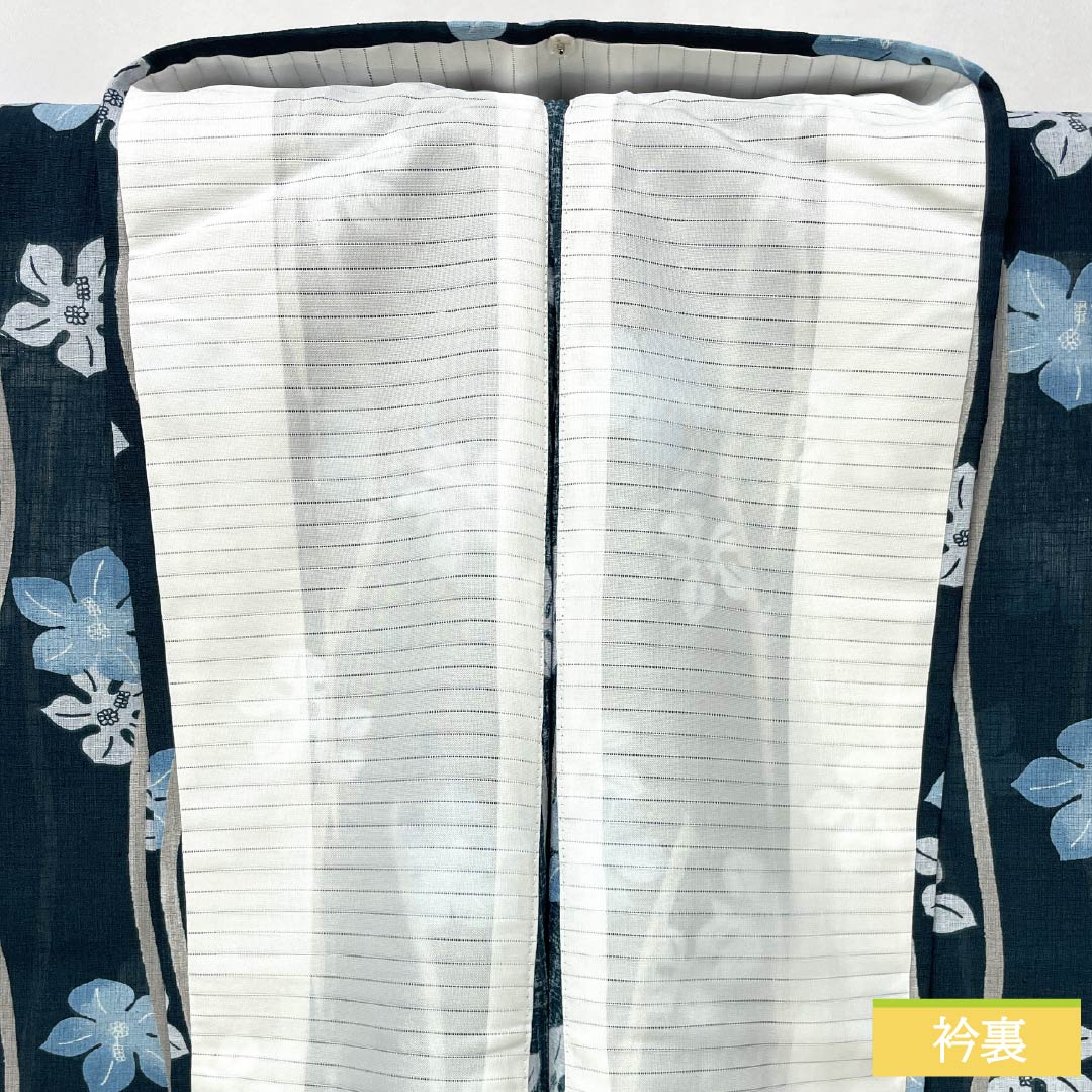 Summer kimono, polyester, small pattern, length 167cm, sleeve length 69cm, Korean nandō color, staggered stripes, flower, washable kimono, gauze, S rank, blue 1132002352517