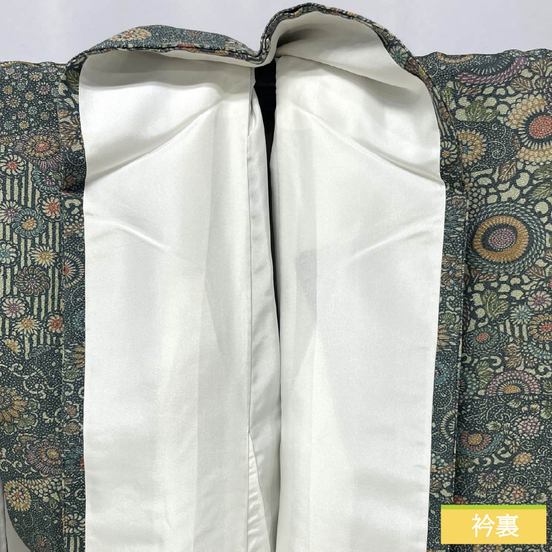 小紋 正絹 Aランク 身丈155.5cm 裄丈64cm 袷 鉄色(てついろ) 江戸小紋 南部幸雄 菊 割付文様 緑系 1115007243319