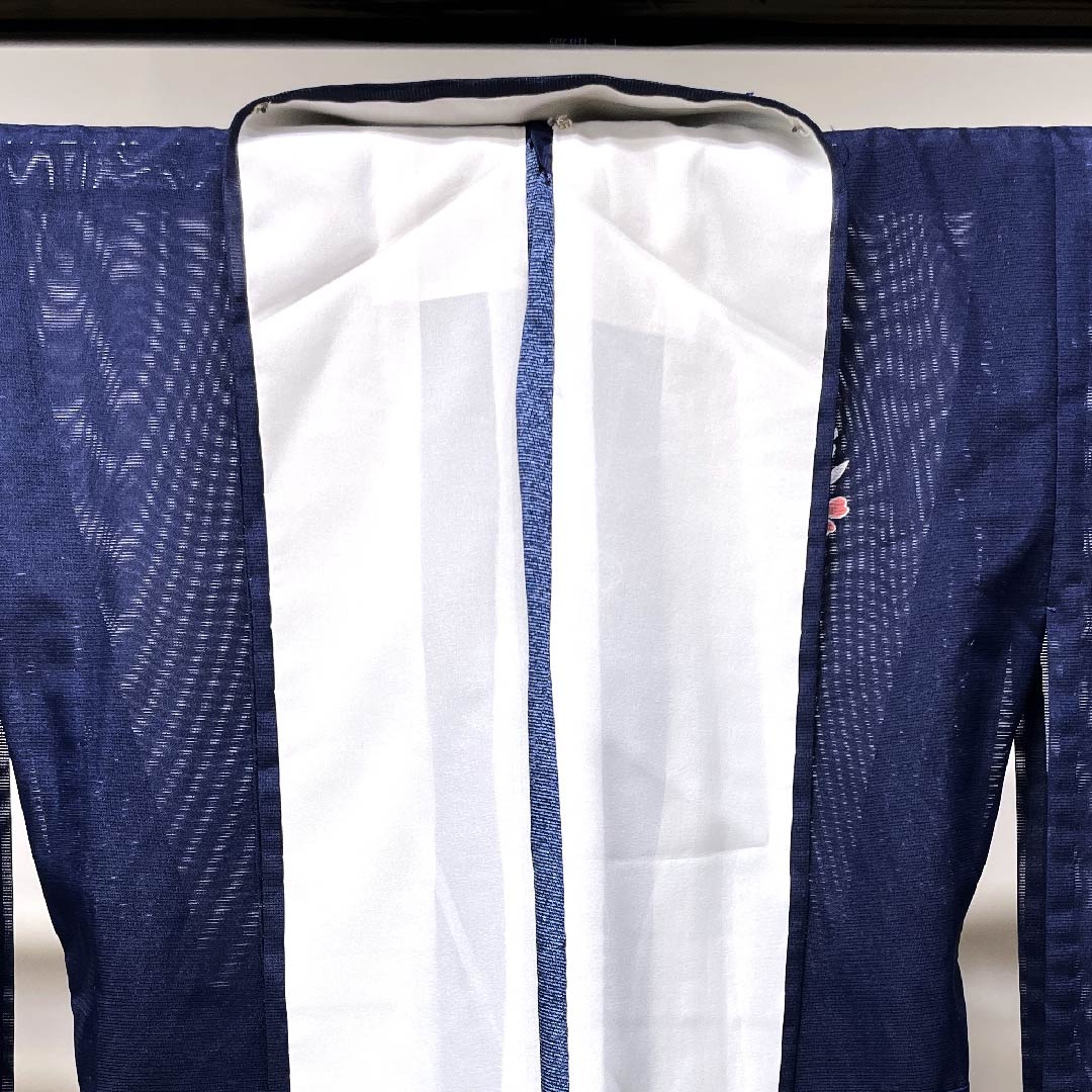 Summer polyester formal kimono, length 156.5cm, sleeve length 65cm, dark blue, chrysanthemum, silk, S rank, navy blue, 1132000102318