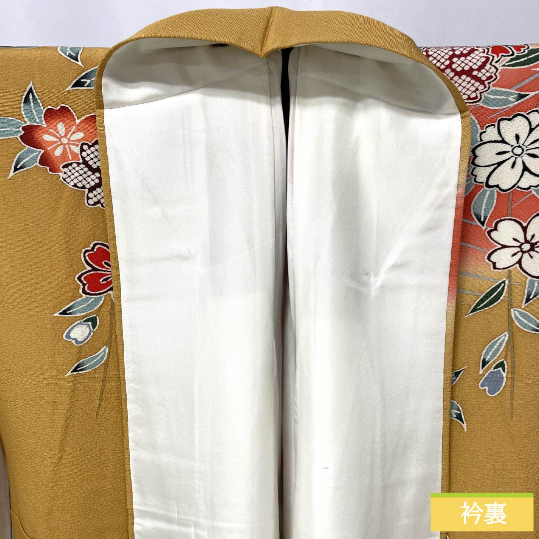 振袖 正絹 Sランク 身丈157cm 裄丈62cm 袷 小麦色(こむぎいろ) 京紅型 吉祥文様 蝶 花 流水 橙系 1113002882326