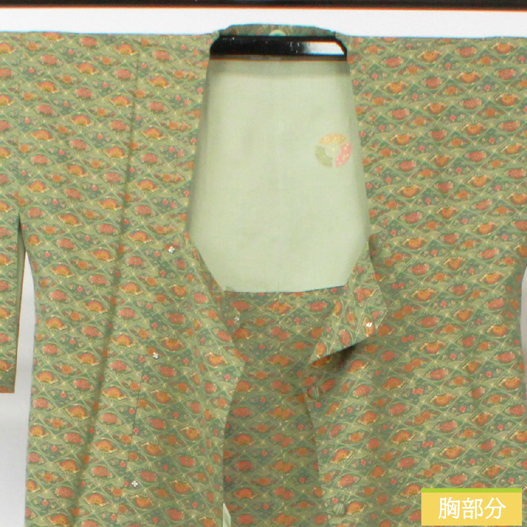 Michiyuki coat, pure silk, length 83.5cm, sleeve length 64cm, fan, flower pattern, S rank, lined, green, 1117001112919