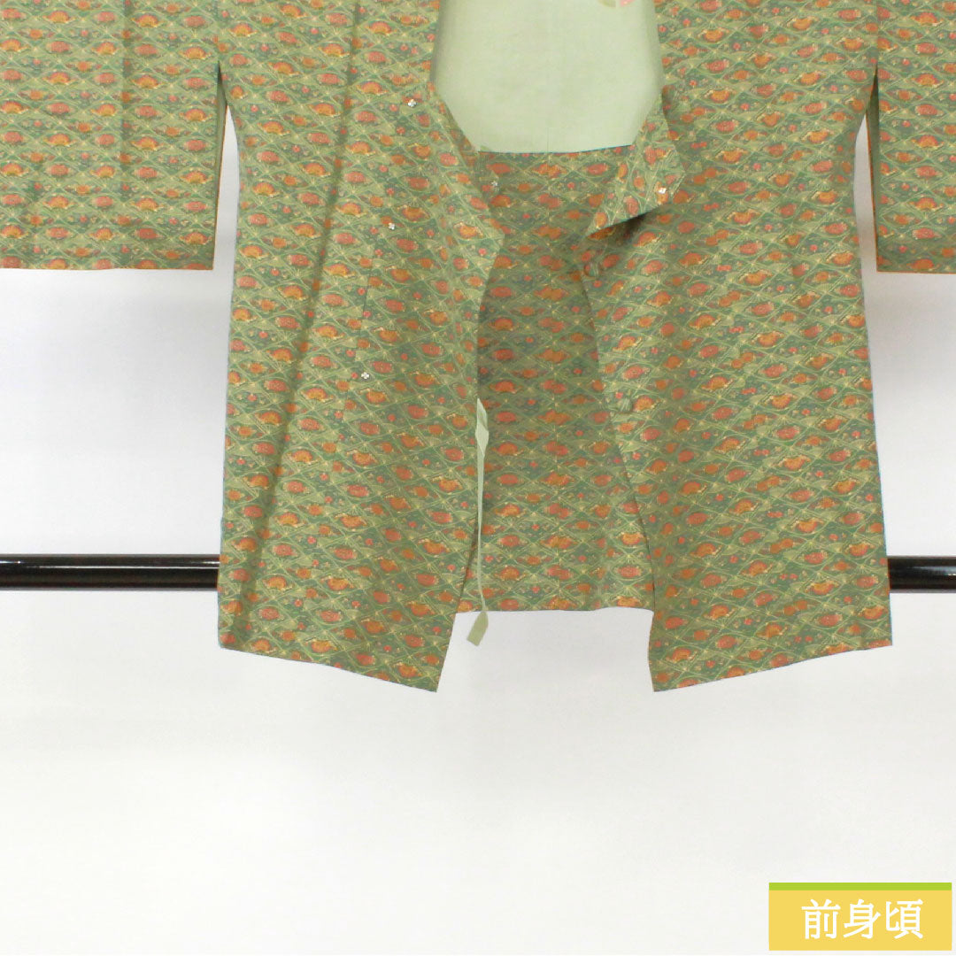 Michiyuki coat, pure silk, length 83.5cm, sleeve length 64cm, fan, flower pattern, S rank, lined, green, 1117001112919
