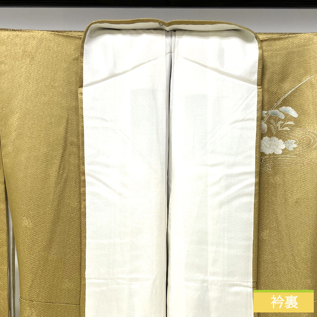 訪問着 袷 身丈162cm 裄丈65cm 唐金色 金彩加工 草花模様 正絹 Sランク 黄系 1112003922423