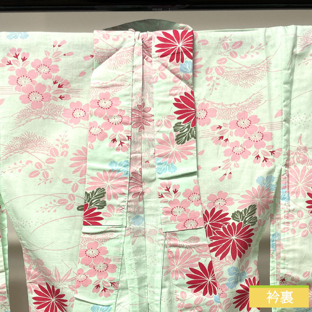 Yukata Cotton Length 168.5cm Sleeve length 64cm S rank Single layer Greenish white-green Chrysanthemum Cherry blossom Bush clover 1118004682519