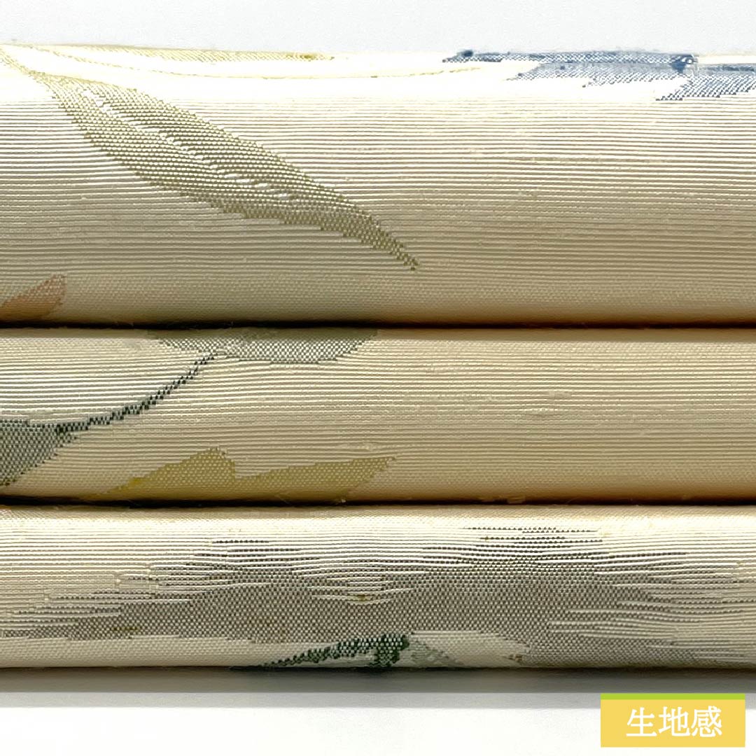 袋帯 正絹 Aランク 生成り色(きなりいろ) ふくれ織 紬地 草花模様 帯丈426cm 六通 カジュアル クリーム系 1123015303315