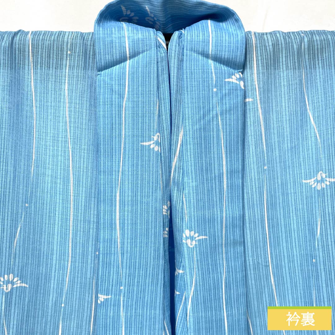 夏物 ポリエステル 小紋 身丈161cm 裄丈68cm 浅藍色(うすらんいろ) 竪絽 縞 鶴 絽 Bランク 水色系 1132002484424