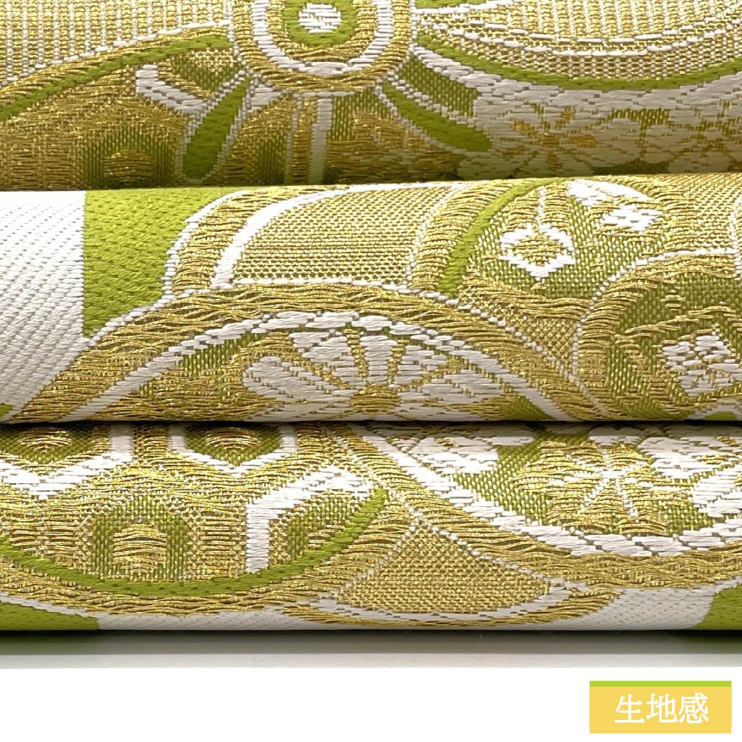Formal obi, pure silk, S-rank, Wakanae-iro (young seedling color), for furisode (long-sleeved kimono), featuring a classic checkered pattern and a twisted plum blossom design. Length: 442cm, six-fold, green. Product code: 1123015822319