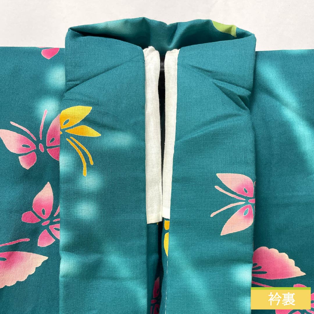 浴衣 木綿 身丈151.5cm 裄丈61.5cm Sランク 単衣 緑系 織色(おりいろ) 蝶 1118005862219