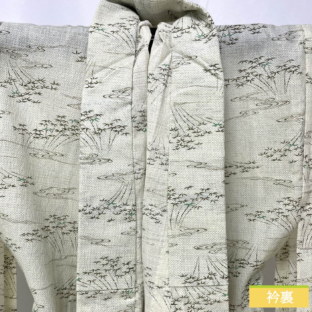 Tsumugi (pongee) polyester, S rank, length 163.5cm, sleeve length 63.5cm, white lily color (shirayuriiro), bamboo design, flowing water pattern, washable, single-layer kimono, white, product number 1116004082411
