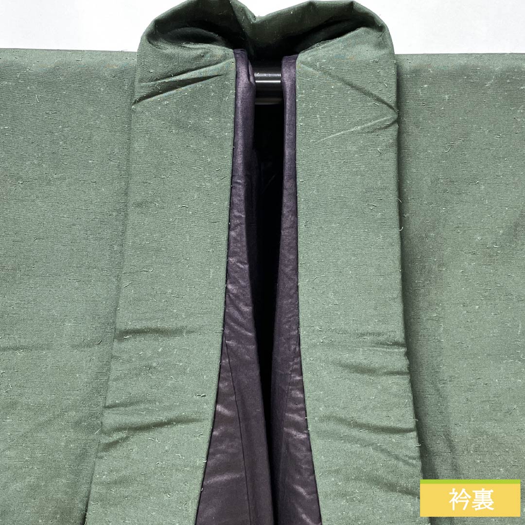 男物 正絹 Sランク 身丈140.5cm 裄丈68cm 納戸茶色(なんどちゃいろ) ひげ紬 袷 緑系 1119001352419