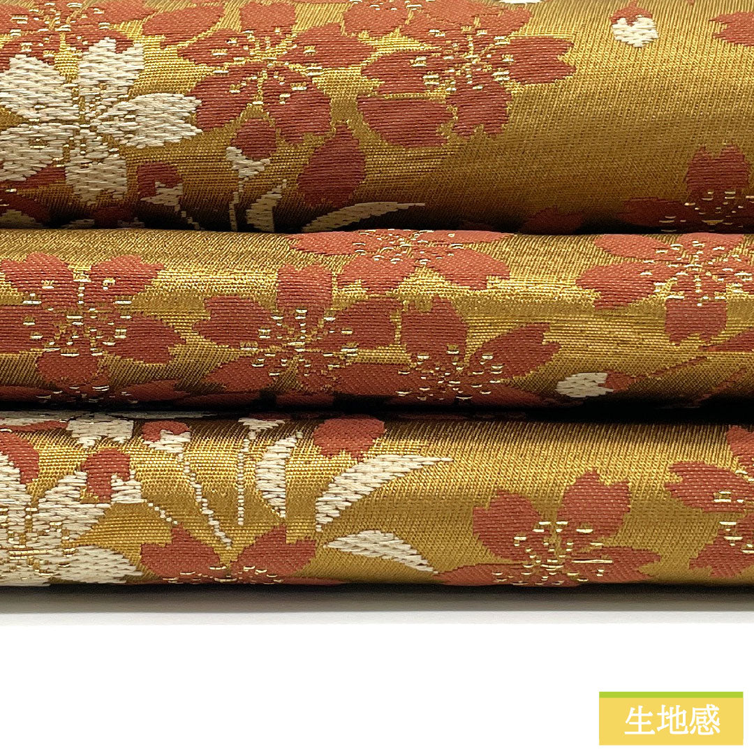 (京袋帯)名古屋帯 ポリエステル Aランク 枇杷茶色(びわちゃいろ) 京袋帯 桜 帯丈370cm 六通 カジュアル 黄系 1124011053323 開き仕立て