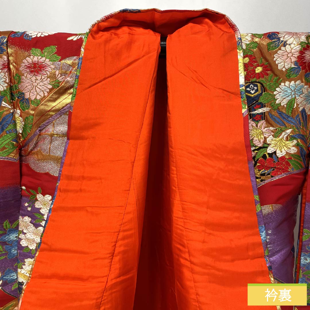 色打掛 正絹 Sランク 身丈191cm 裄丈64cm 赤色(あかいろ) 唐織 吉祥文様 鶴 花車 袷 赤系 1110001062912