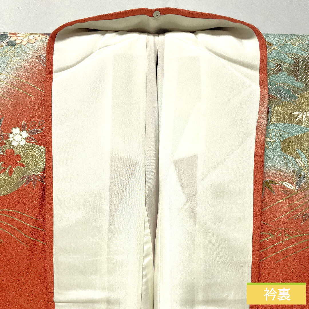 Homongi, pure silk, lined, length 160cm, sleeve length 63cm, coral color, Kyo-Yuzen, embroidery, auspicious pattern, A rank, pink, 1112005423413