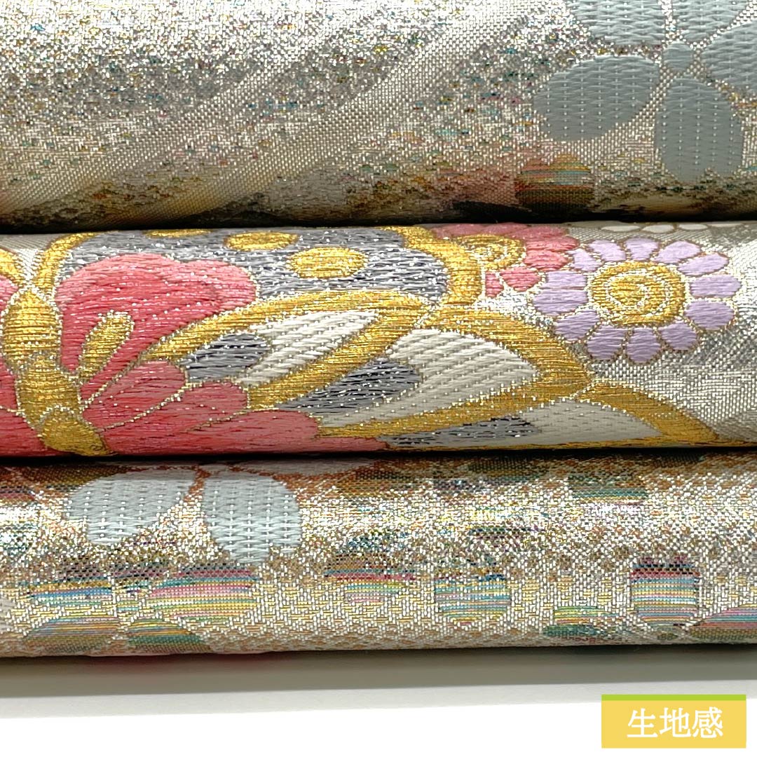 Formal, silver-colored, pure silk obi with a butterfly and cherry blossom pattern, perfect for furisode (long-sleeved kimono). Length: 436cm. Includes six obi stripes. Product code: 1123015552322.