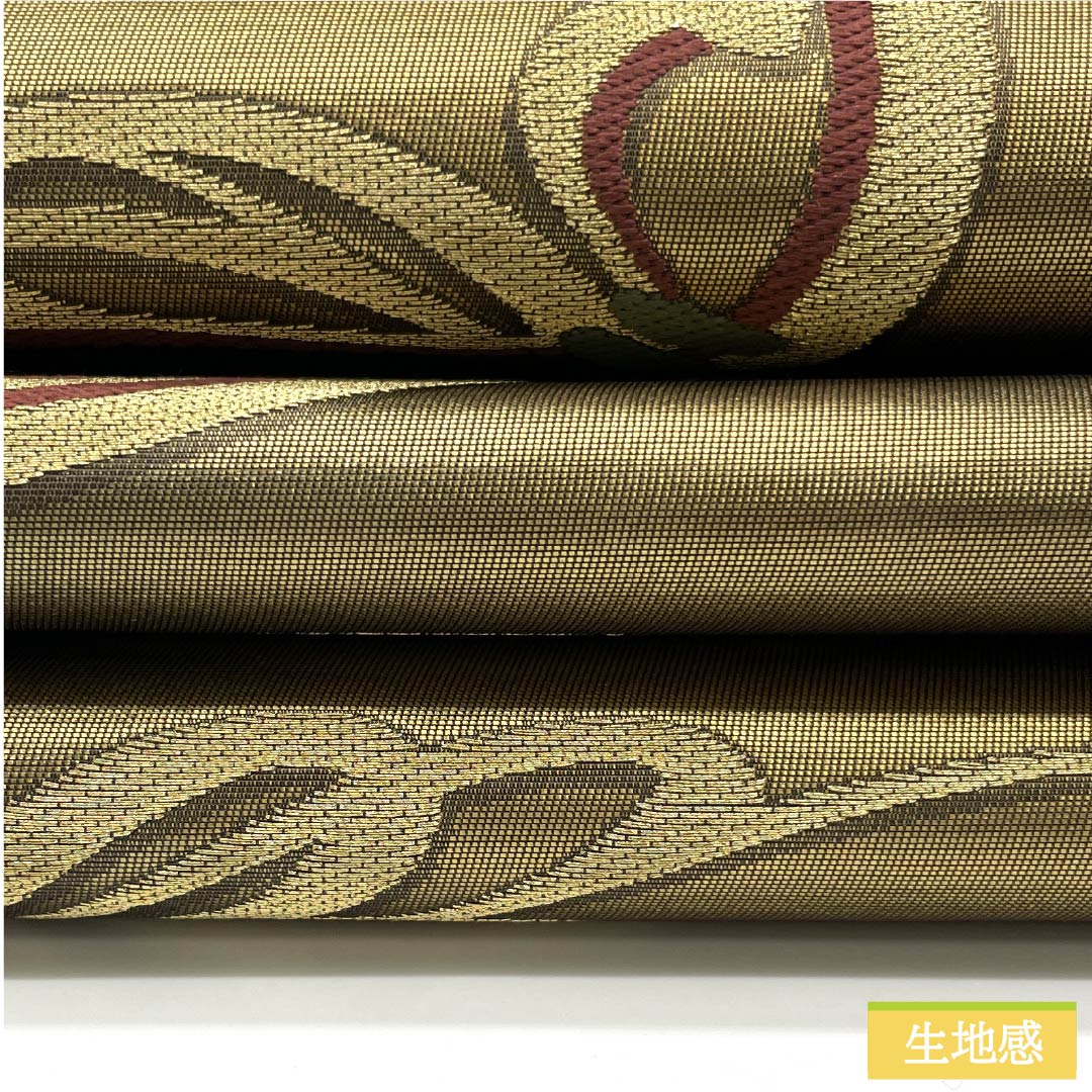 袋帯 正絹 黄橡色(きつるばみいろ) 抽象模様 帯丈432cm Aランク 六通 セミフォーマル 金系 1123012323321