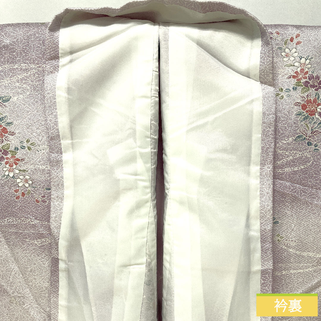 Small pattern, polyester, length 157.5cm, sleeve length 64cm, lined, light wisteria color, washable kimono, floral pattern, A rank, purple, 1115004543320