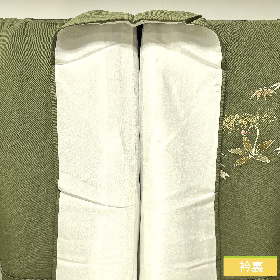 訪問着 正絹 袷 身丈164.5cm 裄丈65.5cm 山鳩色(やまばといろ) 京友禅 草花模様 Sランク 緑系 1112004722419