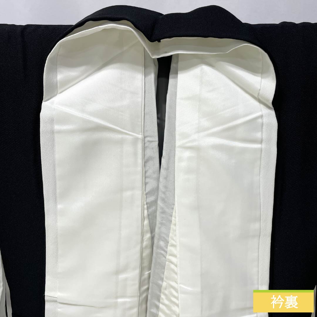 Black formal kimono, pure silk, A-rank, length 160.5cm, sleeve length 64cm, lined, five crests, three oaks, crane, pine, turtle, fan design, black, 1111001903410