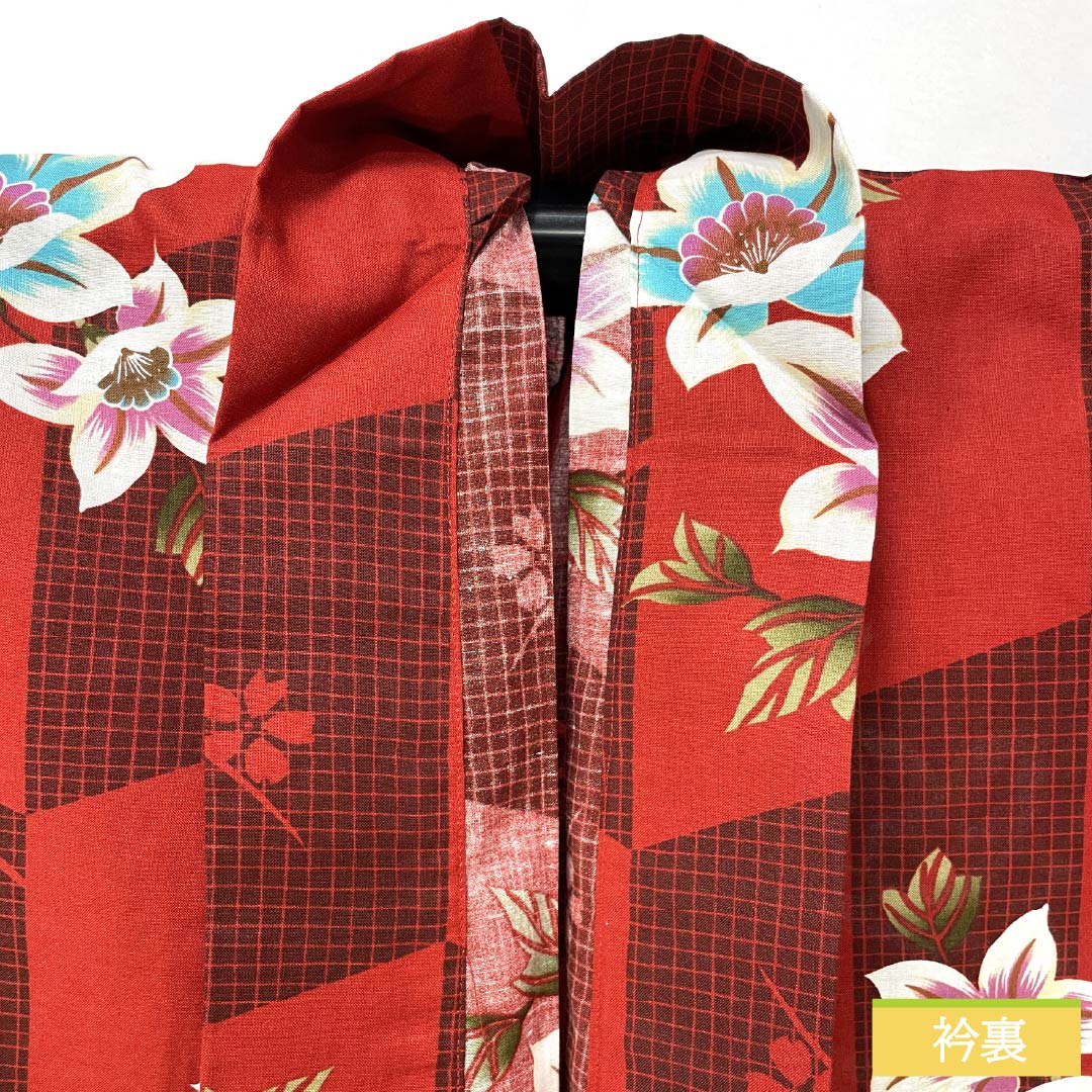 Yukata Cotton Length 165.5cm Sleeve length 67.5cm S rank Single layer Red Reddish red (akabeniiro) Arrow pattern Flower 1118005482512