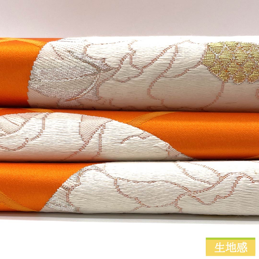 Formal Obi (Sash) in Orange, Pure Silk, Yellowish Yellow, for Long-Sleeved Kimono, Circle and Peony Design, 414cm Long, A-Rank, Six-Ply, Orange, Product Number: 1123014263326