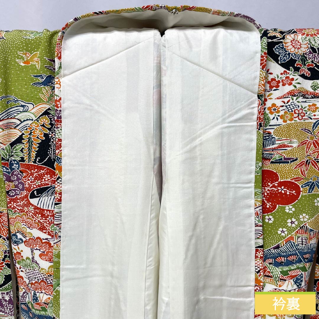 小紋 正絹 Sランク 身丈154cm 裄丈62cm 袷 鶸萌黄色(ひわもえぎいろ) 京紅型 吉祥文様 緑系 1115006832219