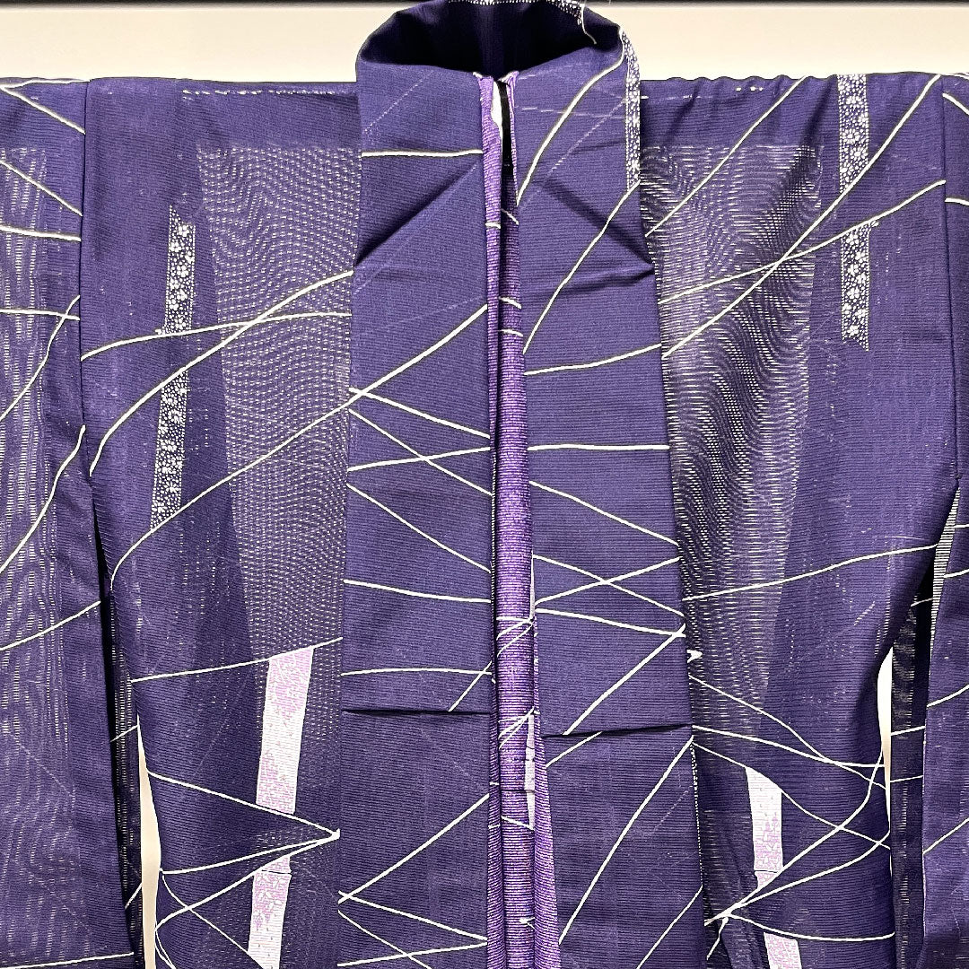 Summer item, polyester, small pattern, length 158.5cm, sleeve length 60.5cm, purple navy blue, bamboo, basting thread included, unused item, silk gauze, S rank, purple, 1132000942320