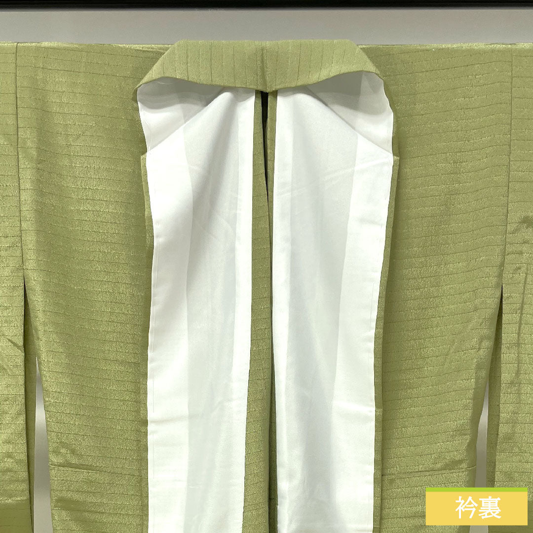 Plain color, polyester, length 164cm, sleeve length 68cm, willow brown, washable kimono, one crest, silk, S rank, green, 1114001312419