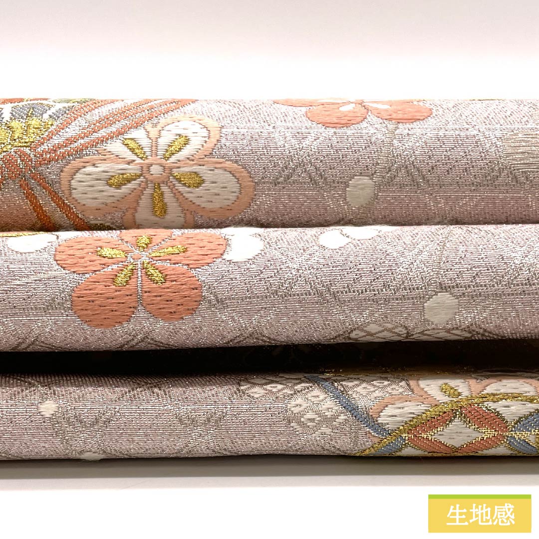 Formal pink obi, made of pure silk in a faded crimson color, featuring a ball and floral pattern, suitable for furisode kimono. Length: 436cm, A-rank, six-fold hem, pink. Product number: 1123014703313