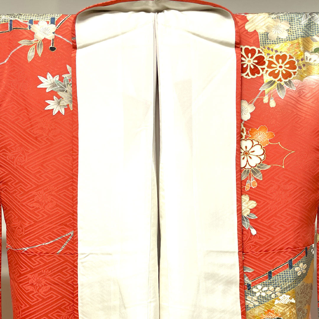 振袖 身丈163.5cm 裄丈67.5cm 袷 甚三紅色 京友禅 御所車 吉祥文様 作家物 正絹 Aランク 朱系 1113001623416