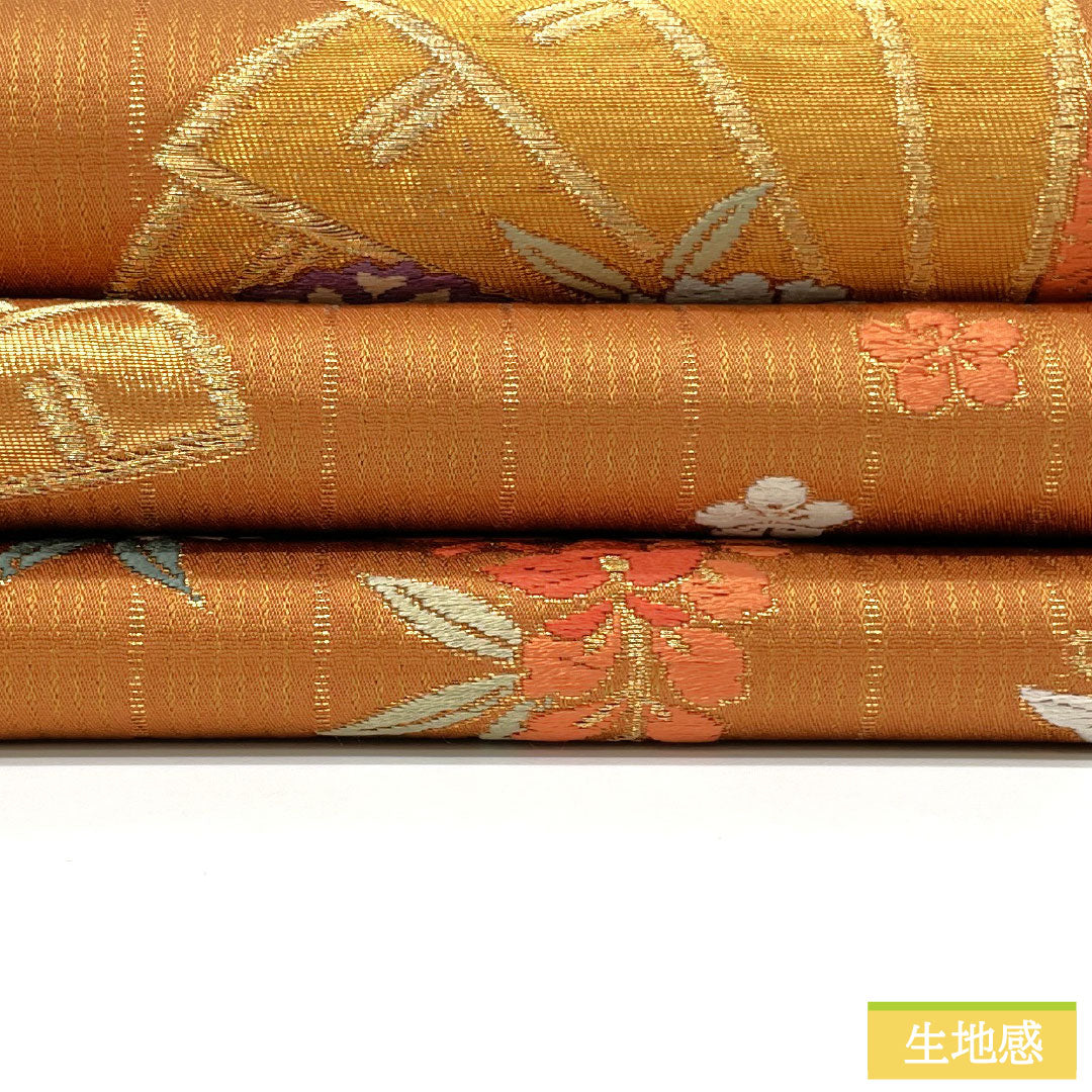 袋帯 正絹 Sランク 丹色(にいろ) 西陣織 扇面 藤 菊 帯丈416cm 六通 セミフォーマル 朱系 1123017192316