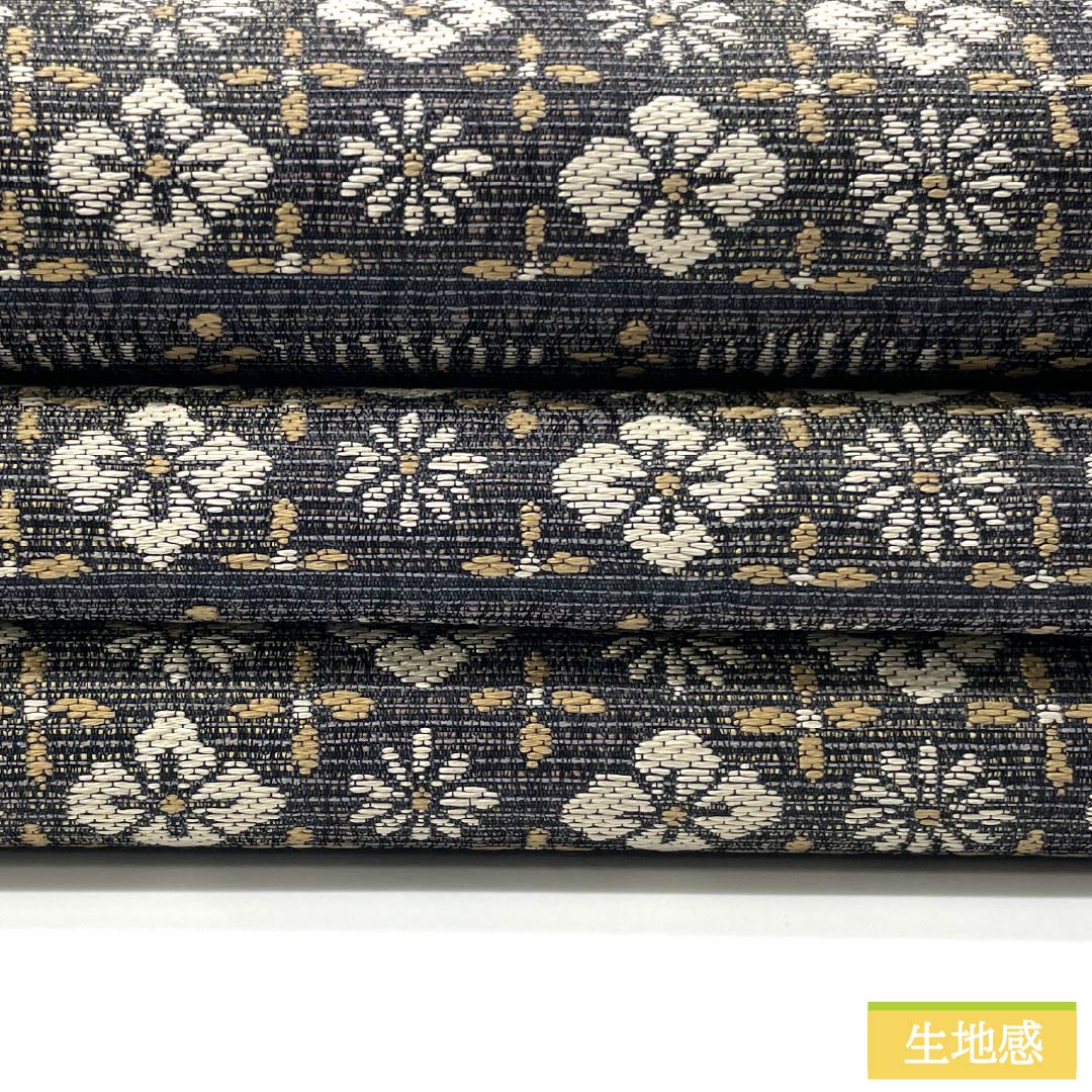 Fukuro Obi, pure silk, dark blue, woven, thread wrapped, floral pattern, obi length 440cm, S rank, six-pass, casual, gray, 1123013022322