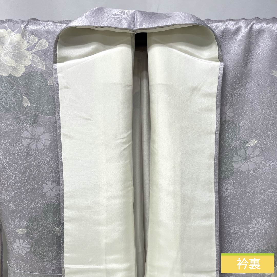 小紋 正絹 身丈156cm 裄丈66cm 袷 霞色(かすみいろ) 型染 桜 椿 きららガード Sランク 紫系 1115006192320