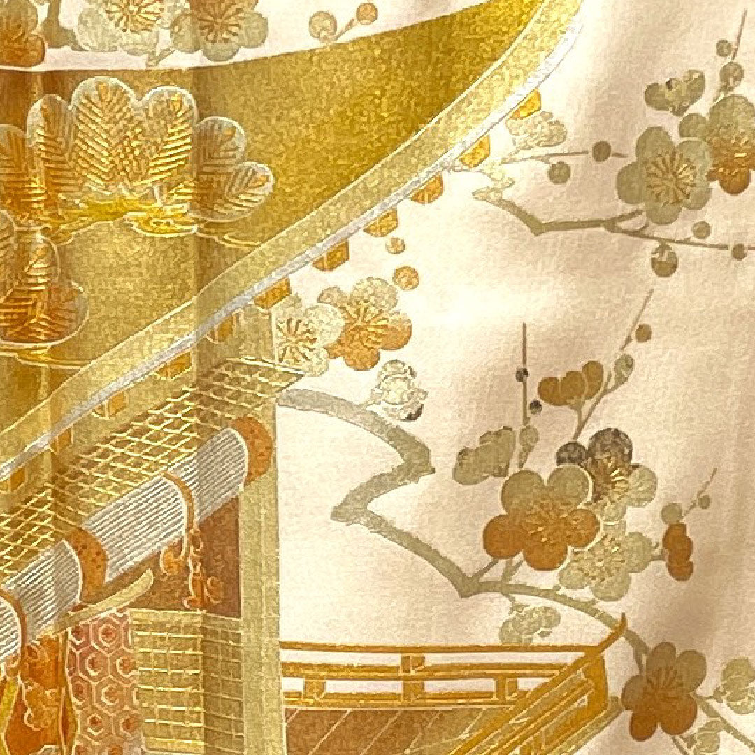色留袖 身丈161.5cm 裄丈65.5cm 袷 和田光正 金彩友禅 薄肉色 時代風景模様 正絹 Sランク 一つ紋 クリーム系 1111000662415