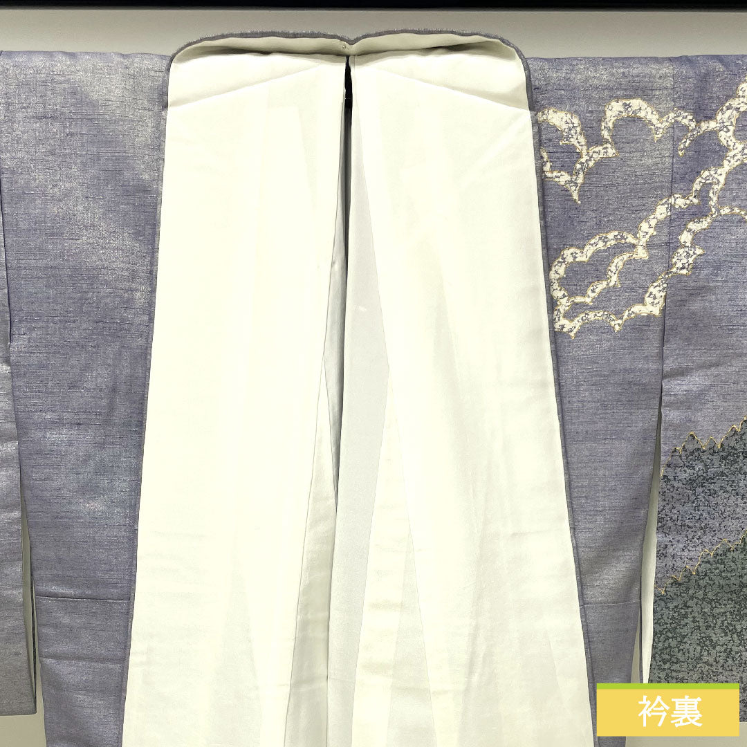 訪問着 正絹 袷 身丈162.5cm 裄丈63cm つるば鼠色(つるばねずいろ) 紬地 風景模様 金通し 作家物 Sランク 紫系 1112004572420
