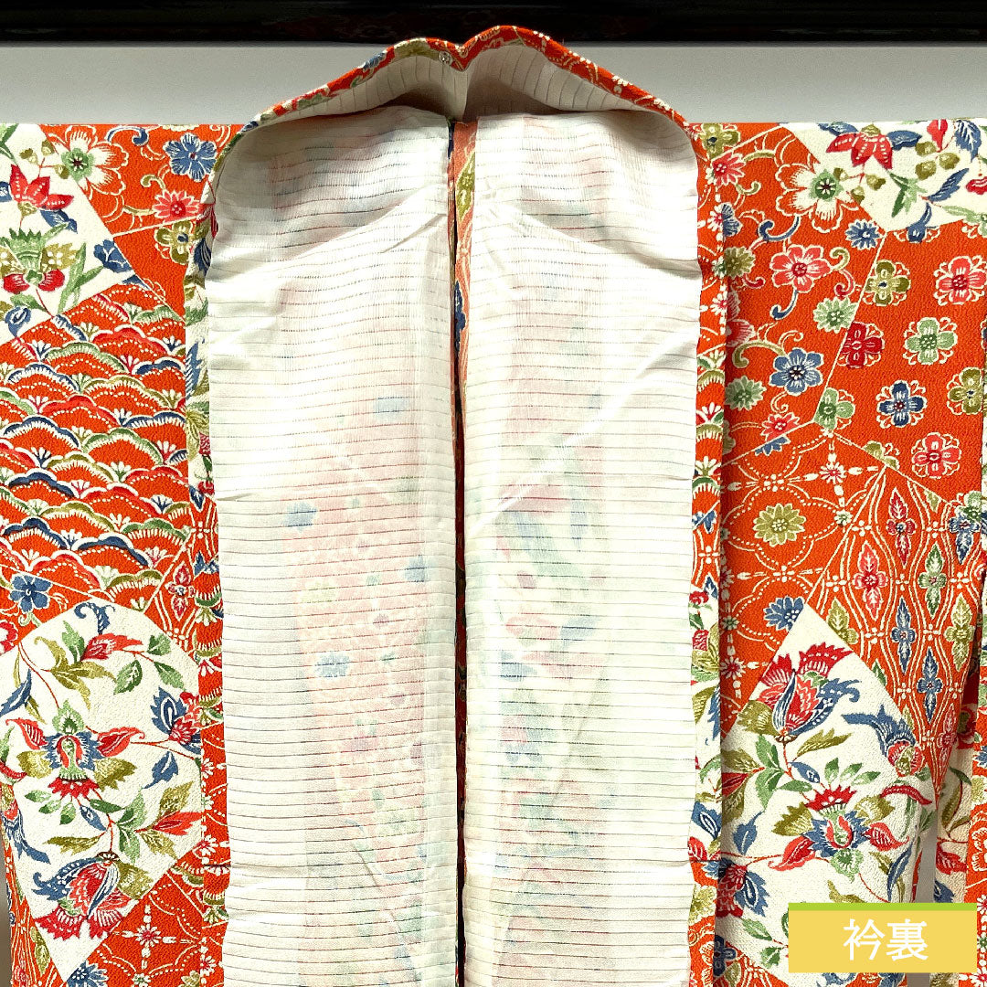 小紋 正絹 身丈157.5cm 裄丈64.5cm 単衣 緋色 型染 吉祥文様 Sランク 朱系 1115003832316