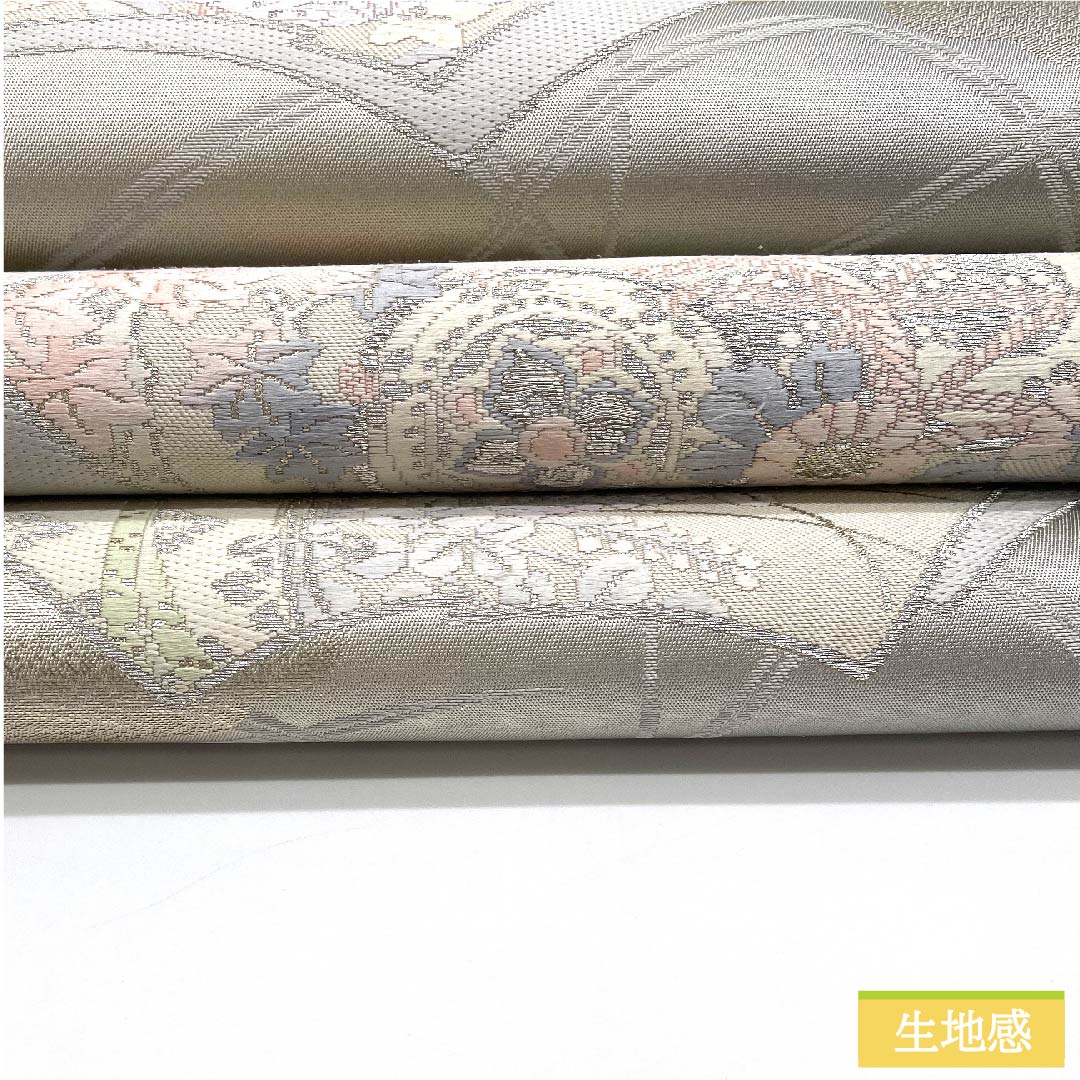 Fukuro Obi (Sash) - Pure Silk, Light Gray, Fan Pattern, Bellflower, Drum, Autumn Leaves, Length 428cm, A Rank, Six-way, Formal, Gray, 1123011823322
