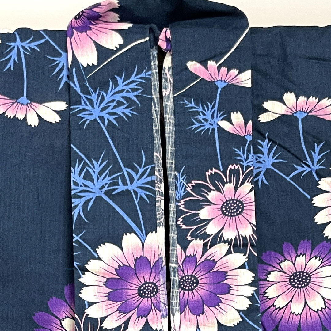 Yukata, deep blue, cosmos, cotton, A rank, single layer, length 163cm, sleeve length 66.5cm, navy blue, 1118000963418