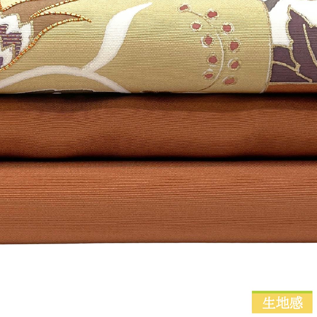 Nagoya obi, genuine silk, Rank A, open-ended, caba color, dyed obi, Shioze, sarasa, obi length 376cm, partial pattern, semi-formal, orange family, 1124012023326