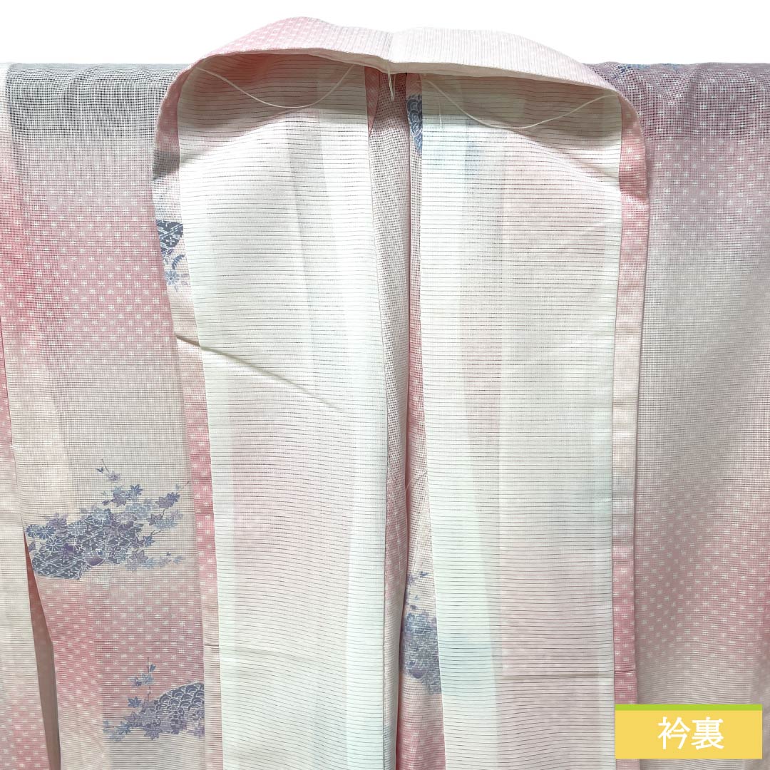 Summer Polyester Kimono, Komon, S Rank, Length 162.5cm, Sleeve to Shoulder 64.5cm, Asabeni-iro (pale red), Ichimatsu Check and Classic Patterns, Washable Kimono, Ro (gauze-weave), Pink Tones, 1132003272413