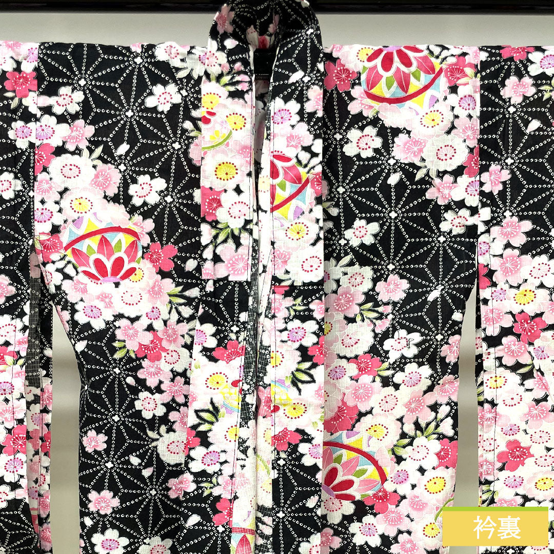 Yukata Cotton Length 137.5cm Sleeve length 61.5cm S rank Single layer Black Cherry blossom Asanoha 1118005032110