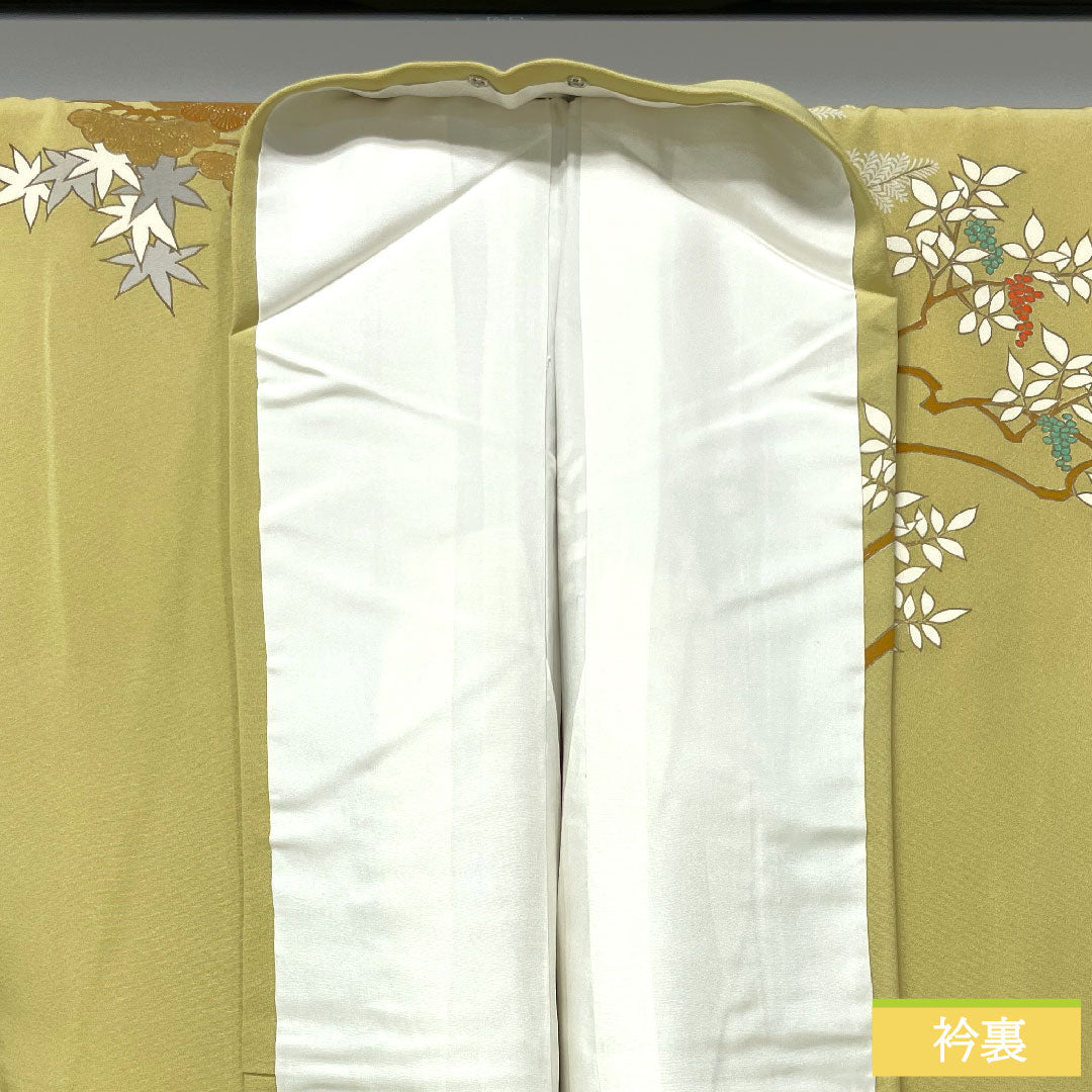 Homongi, pure silk, lined, length 164cm, sleeve length 64cm, faint yellow, Kyoto Yuzen, autumn grass pattern, one crest, five-fold fan, A rank, yellow, 1112004323423